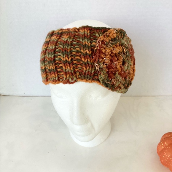 Headband Earwarmer Hand Crafted Multicolor Green Rust Bronze Orange Glitter Knit - Picture 8 of 15